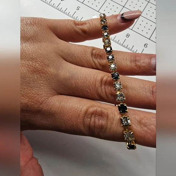 Vintage 90s Navy/Clear Rhinestones Gold Bracelet - Picture 6 of 7
